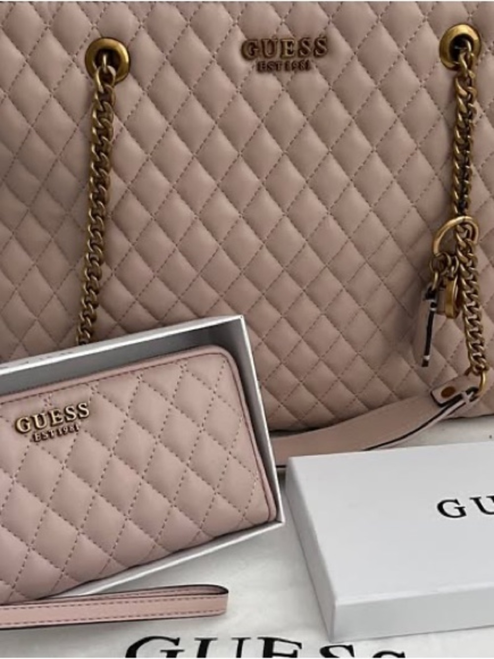 Guess Quilted Tote and Wristlet in Blush Pink with Gold Hardware